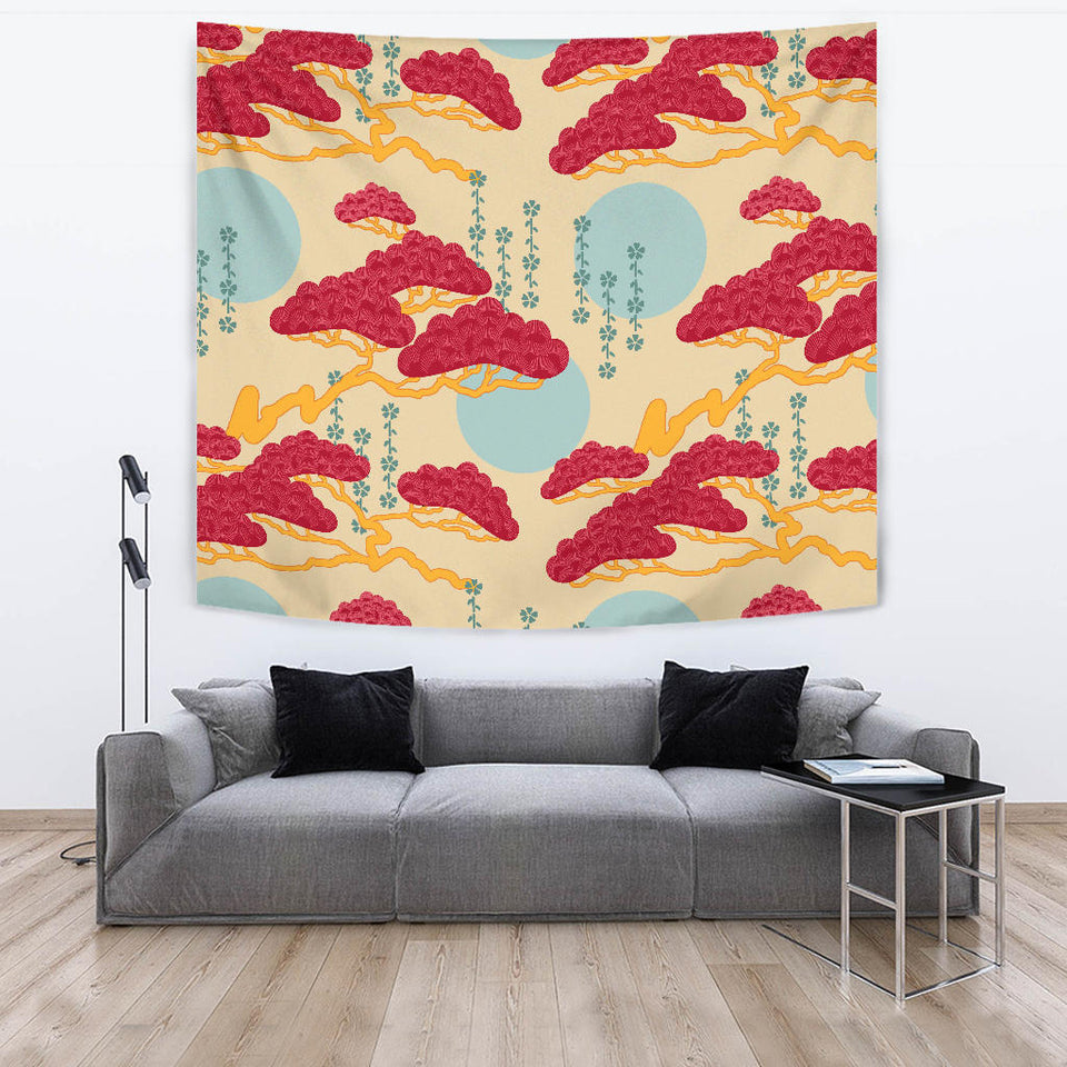 Red Bonsai Gray Sun Japanese Pattern Wall Tapestry