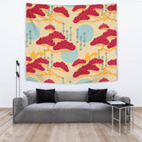 Red Bonsai Gray Sun Japanese Pattern Wall Tapestry
