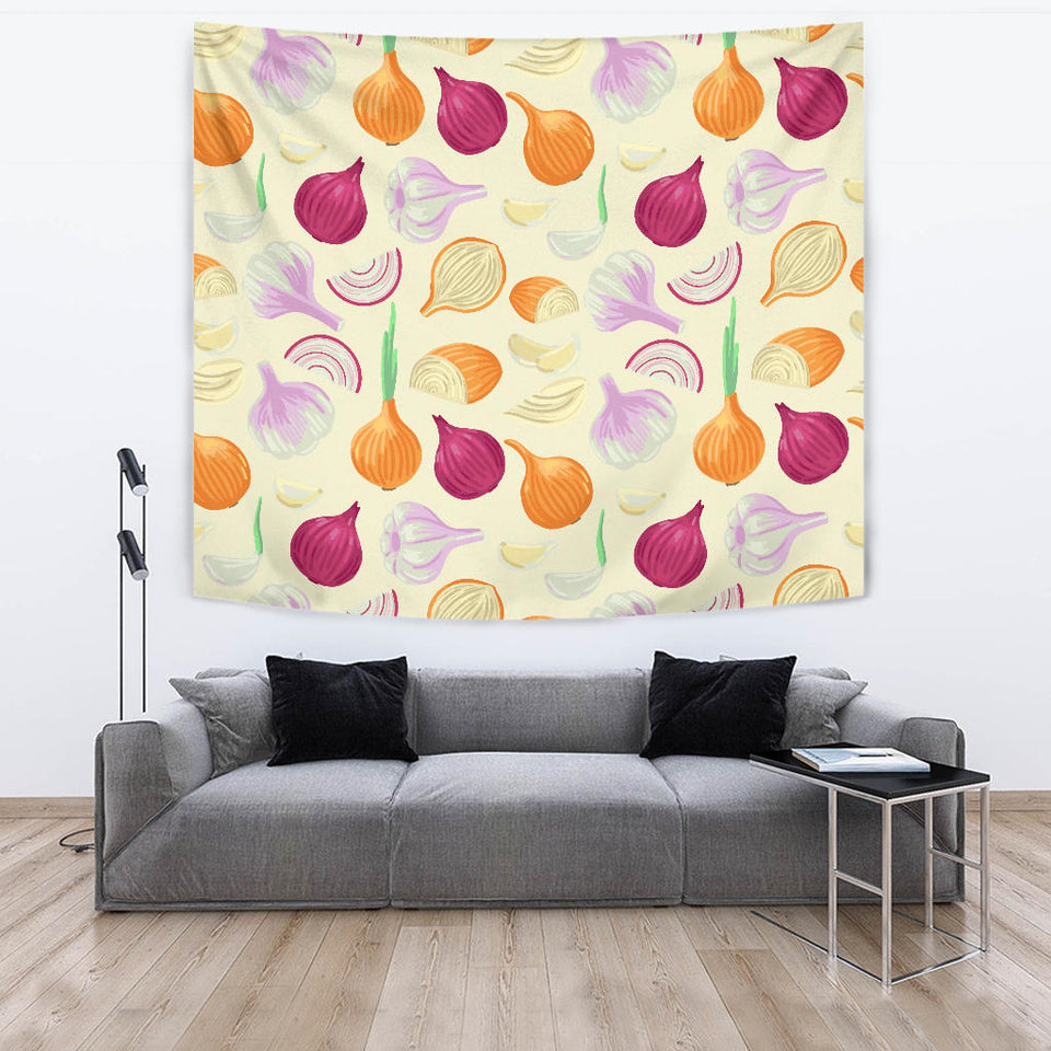 Onion Garlic White Red Pattern Wall Tapestry