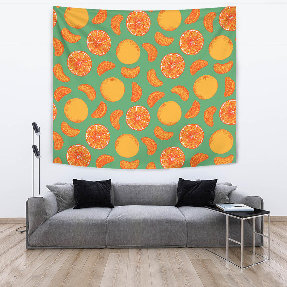 Orange Fruit Pattern Green Background Wall Tapestry