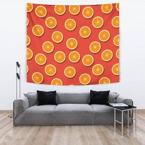 Oranges Pattern Red Background Wall Tapestry