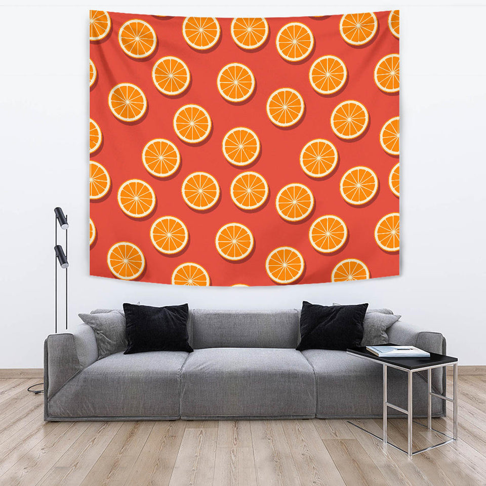 Oranges Pattern Red Background Wall Tapestry