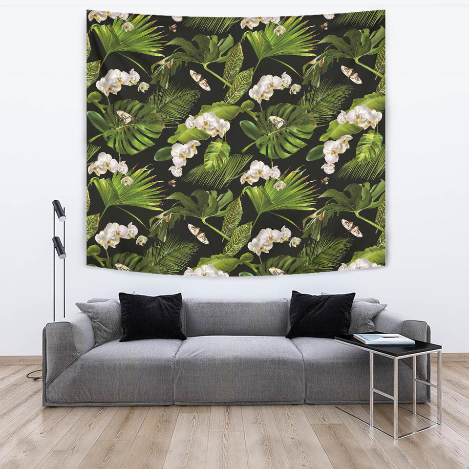 White Orchid Flower Tropical Leaves Pattern Blackground Wall Tapestry