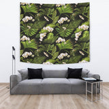 White Orchid Flower Tropical Leaves Pattern Blackground Wall Tapestry