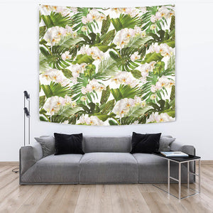 White Orchid Flower Tropical Leaves Pattern Wall Tapestry