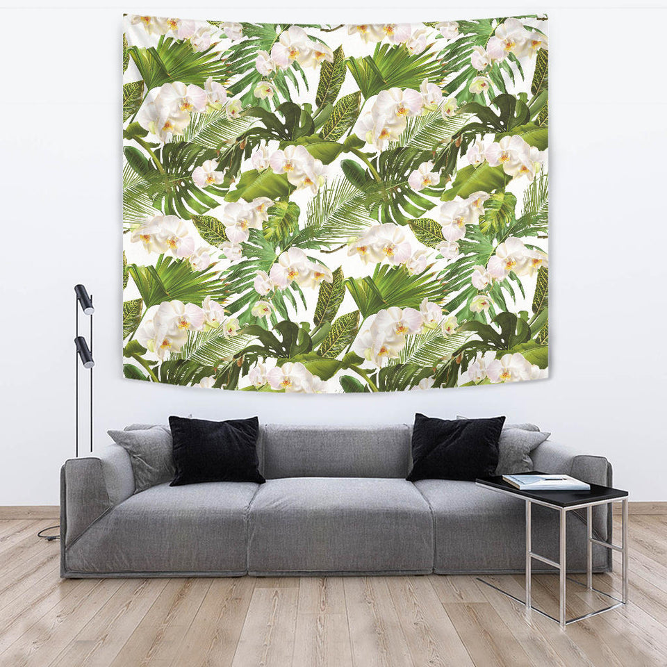 White Orchid Flower Tropical Leaves Pattern Wall Tapestry