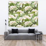 White Orchid Flower Tropical Leaves Pattern Wall Tapestry