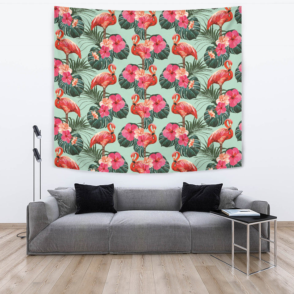 Beautiful Flamingo Tropical Palm Leaves Hibiscus Pateern Background Wall Tapestry