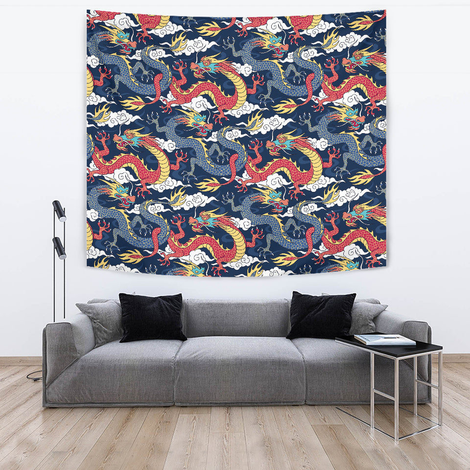 Blue Red Dragon Cloud Pattern Wall Tapestry