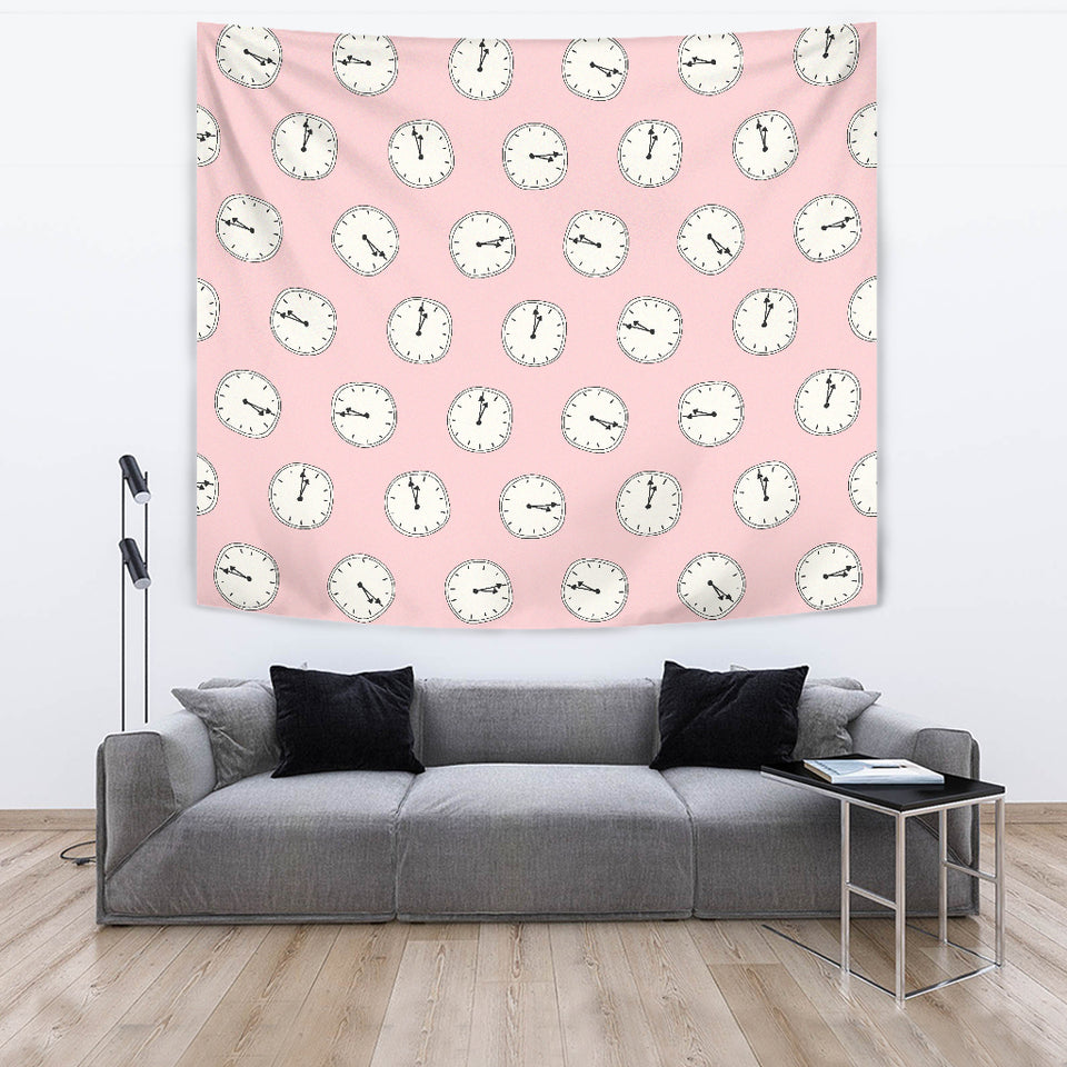 Clock Pattern Pink Blackground Wall Tapestry