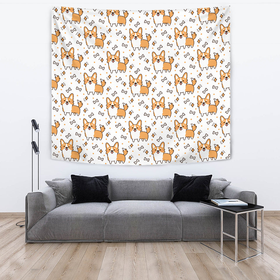 Cute Corgi Heart Star Bone Pattern Wall Tapestry