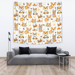 Cute Dog Corgi Striped Background Pattern Wall Tapestry