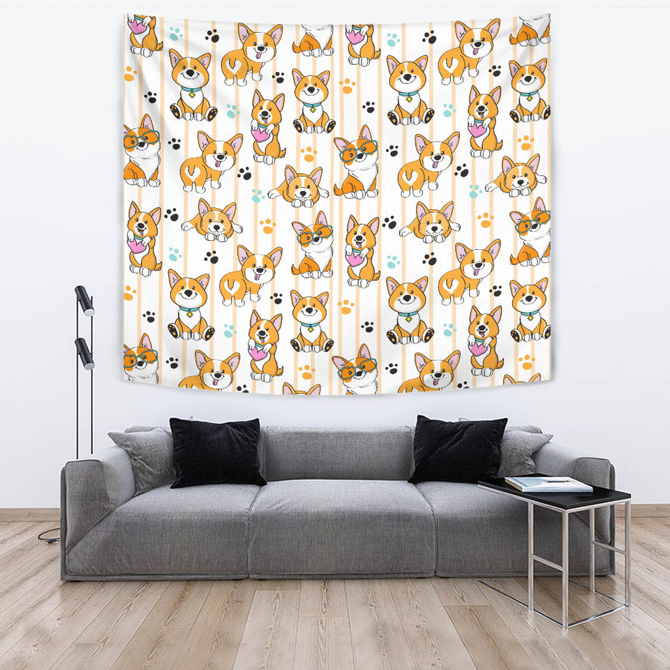 Cute Dog Corgi Striped Background Pattern Wall Tapestry