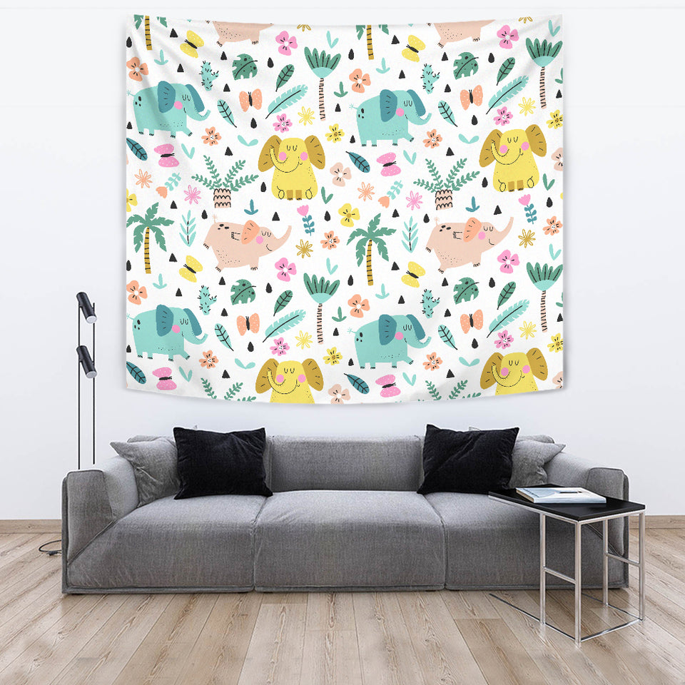 Cute Elephants Palm Tree Flower Butterfly Pattern Wall Tapestry