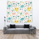 Cute Elephants Palm Tree Flower Butterfly Pattern Wall Tapestry