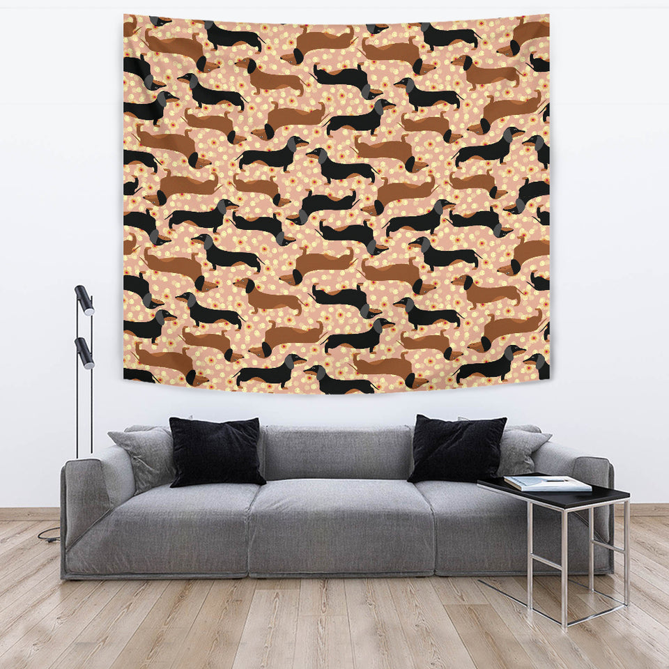 Dachshund Floral Background Wall Tapestry
