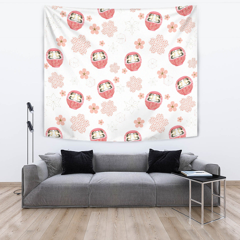 Daruma Japanese Wooden Doll Cherry Blossom Flower Pattern Wall Tapestry