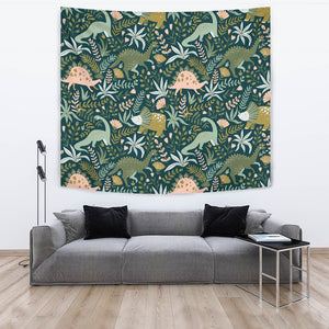 Dinosaurs Tropical Leaves Flower Pattern Wall Tapestry