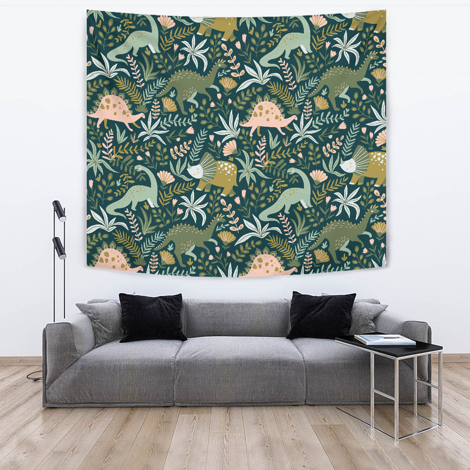 Dinosaurs Tropical Leaves Flower Pattern Wall Tapestry