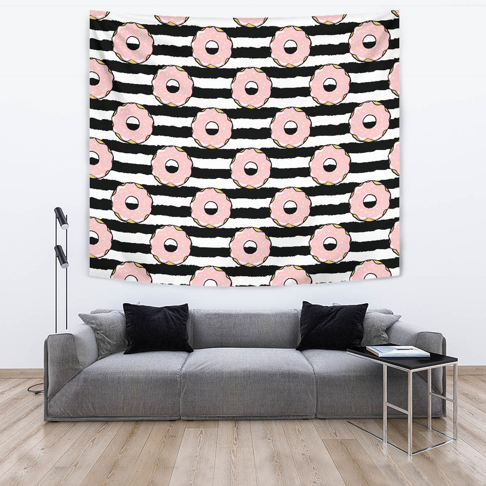 Donuts Pink Icing Striped Pattern Wall Tapestry
