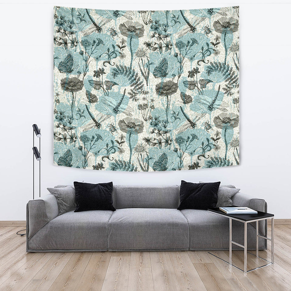 Dragonfly Butterfly Plants Insect Flower Vintage Style Pattern Wall Tapestry