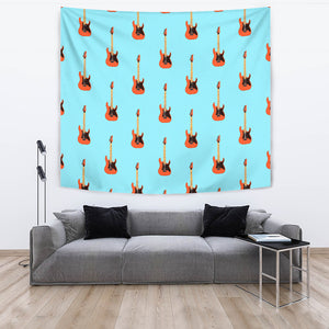 Electric Guitar Pattern Light Blue Background Wall Tapestry
