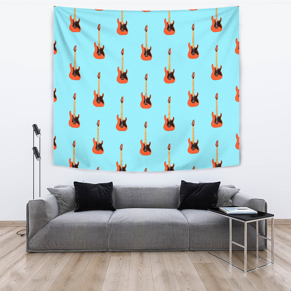 Electric Guitar Pattern Light Blue Background Wall Tapestry