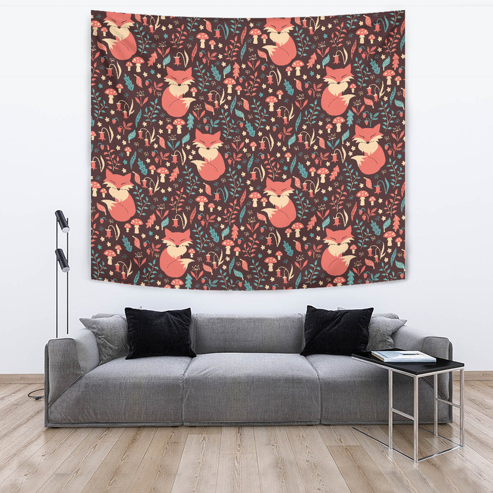 Fox Leaves Mushroom Pattern Wall Tapestry