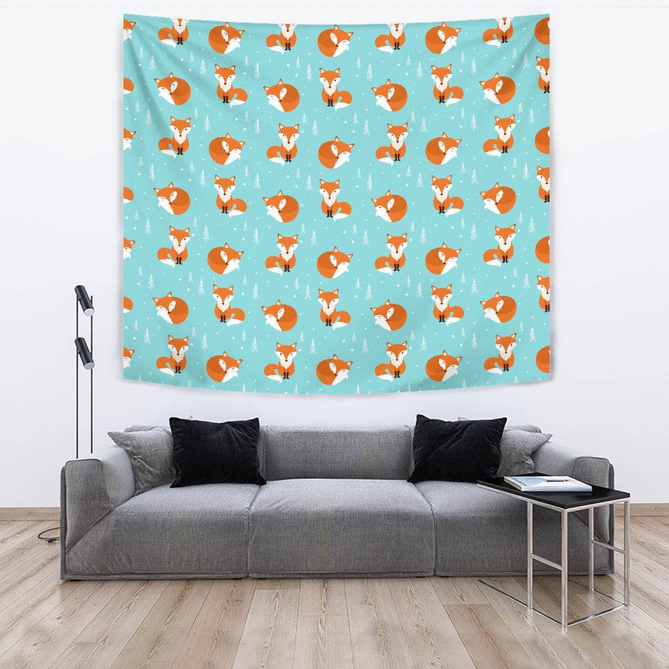 Fox Pattern Blue B Ackground Wall Tapestry
