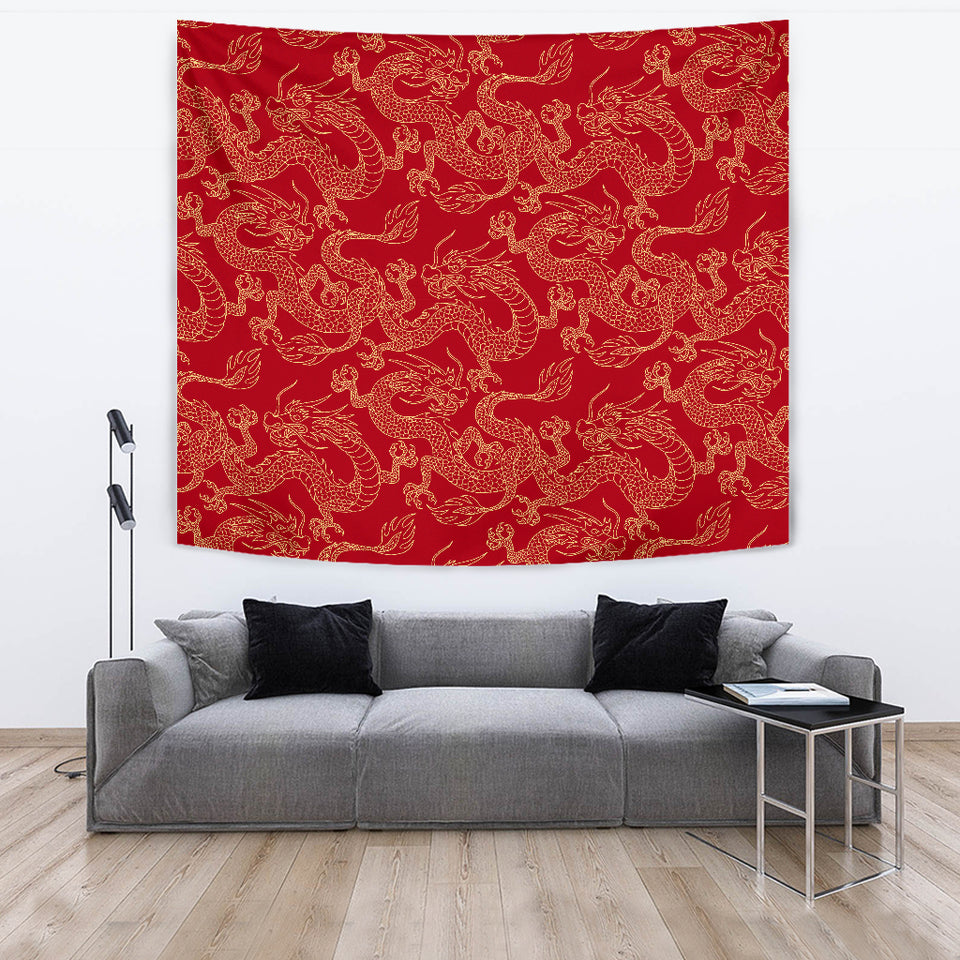 Gold Dragons Red Background Wall Tapestry