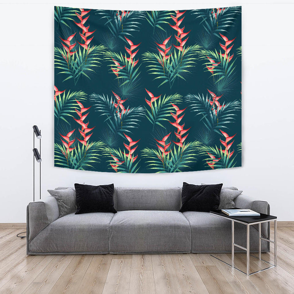 Heliconia Flowers, Palm And Monstera Leaves On Black Background Pattern Wall Tapestry