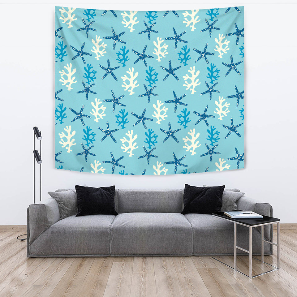 Blue Starfish Coral Reef Pattern Wall Tapestry
