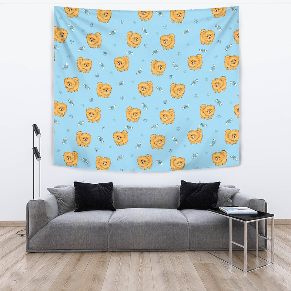 Brown Cute Pomeranian Blue Blackground Wall Tapestry