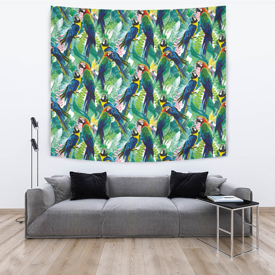 Colorful Parrot Exotic Flower Leaves Wall Tapestry