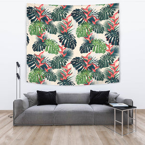 Heliconia Flowers, Palm And Monstera Leaves Wall Tapestry