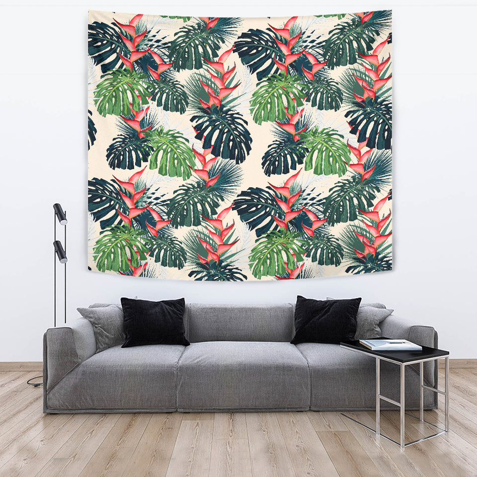 Heliconia Flowers, Palm And Monstera Leaves Wall Tapestry