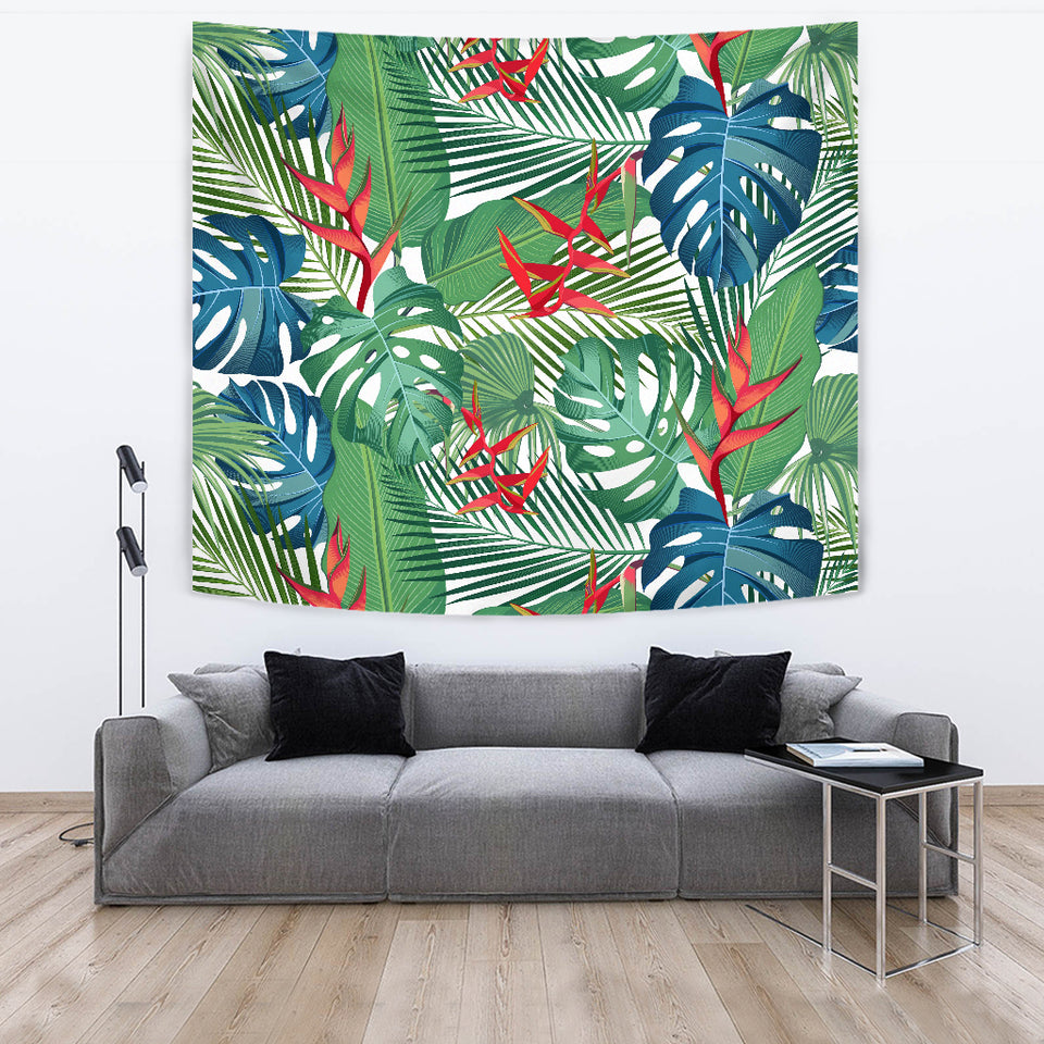 Heliconia Palm And Monstera  Leaves Pattern Wall Tapestry