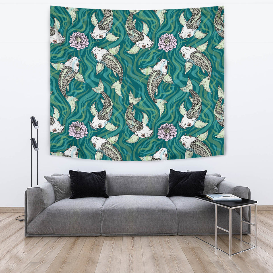 Koi Fish Carp Fish Lotus Pattern Wall Tapestry