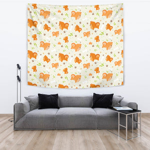 Cute Brown Pomeranian Paw Leave Bone Pattern Wall Tapestry