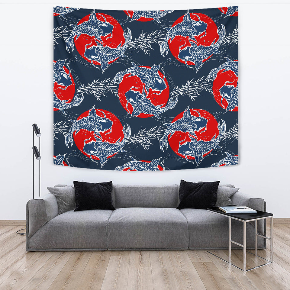 Koi Fish Carp Fishs Hand Drawn Japanese Art Wall Tapestry