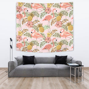 Pink Flamingo Birds Pineapples Hibiscus Flower Pattern Wall Tapestry