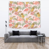 Pink Flamingo Birds Pineapples Hibiscus Flower Pattern Wall Tapestry