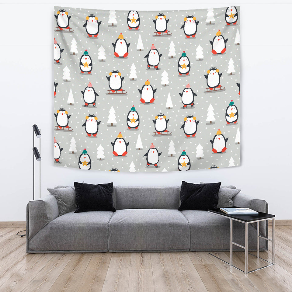 Cute Penguin Christmas Pattern Wall Tapestry