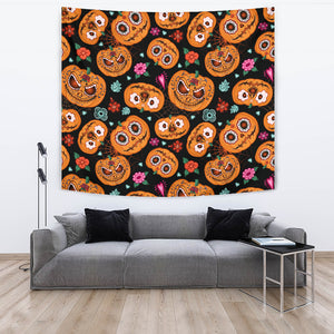 Pumpkin Flowers Spiderweb Halloween Theme Wall Tapestry