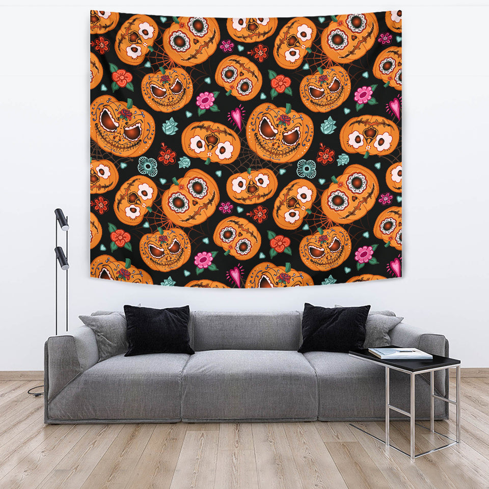 Pumpkin Flowers Spiderweb Halloween Theme Wall Tapestry