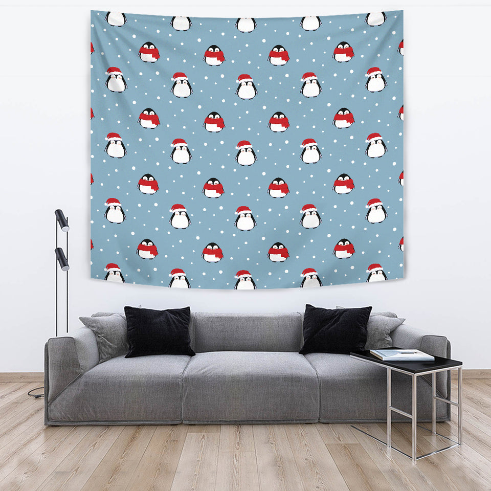Cute Penguin Christmas Snow Pattern Wall Tapestry