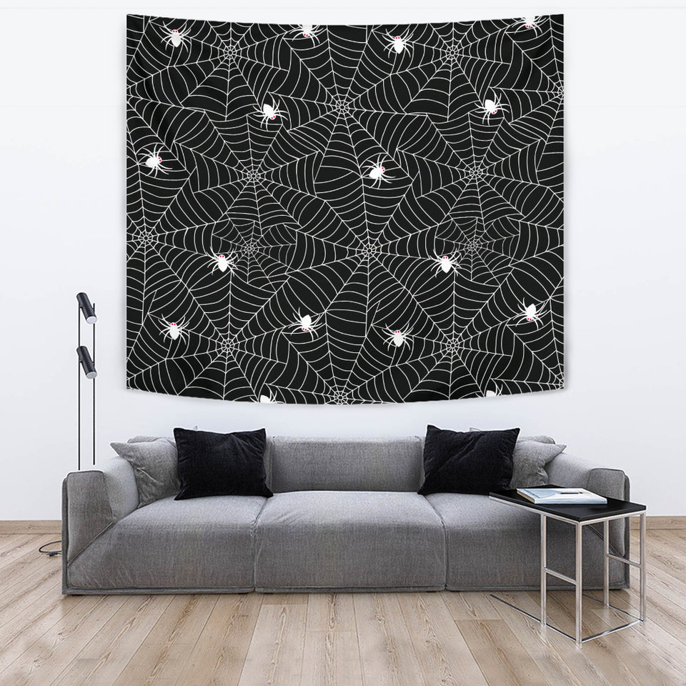 Spider Web Design Pattern Black Background White Cobweb Wall Tapestry