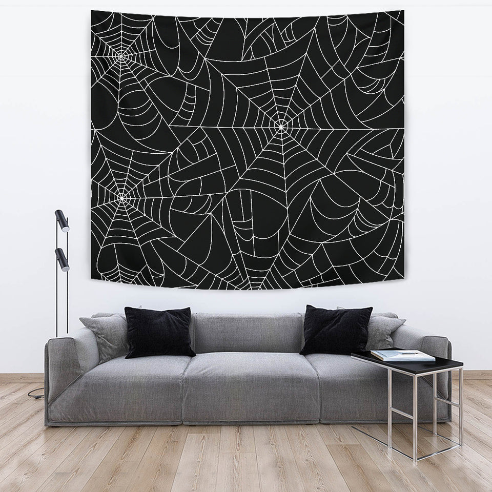 Spider Web Pattern Black Background White Cobweb Wall Tapestry