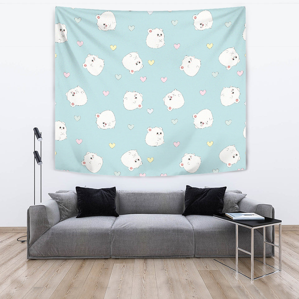 White Cute Hamsters Heart Pattern Wall Tapestry