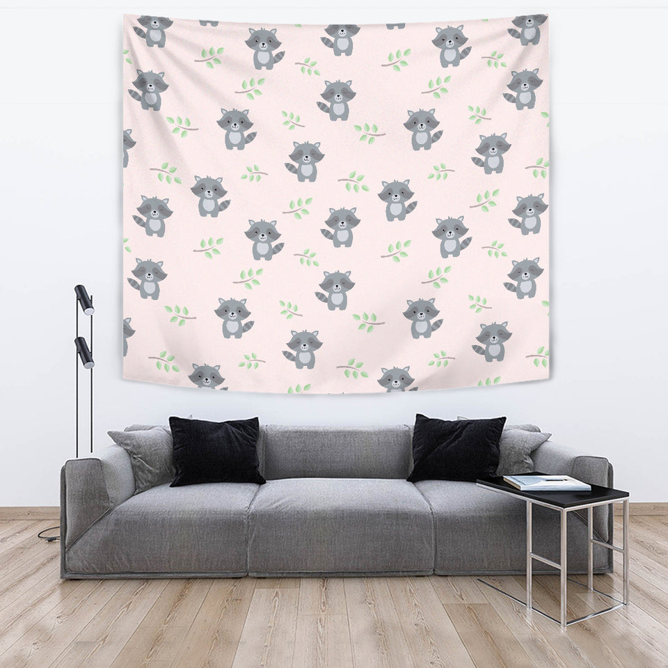 Cute Raccoons Leaves Pattern Wall Tapestry